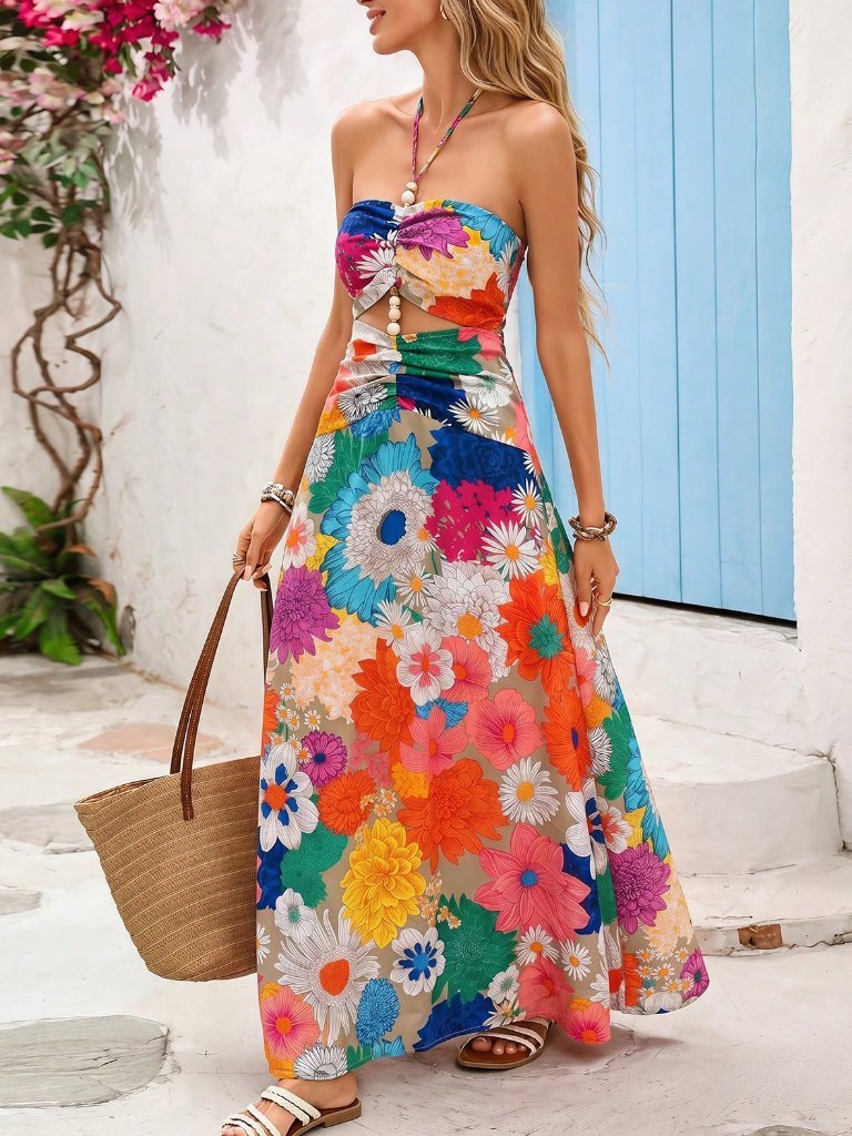 Multicolor Boho Women's Vacation Floral Printed Halter Neck Dress